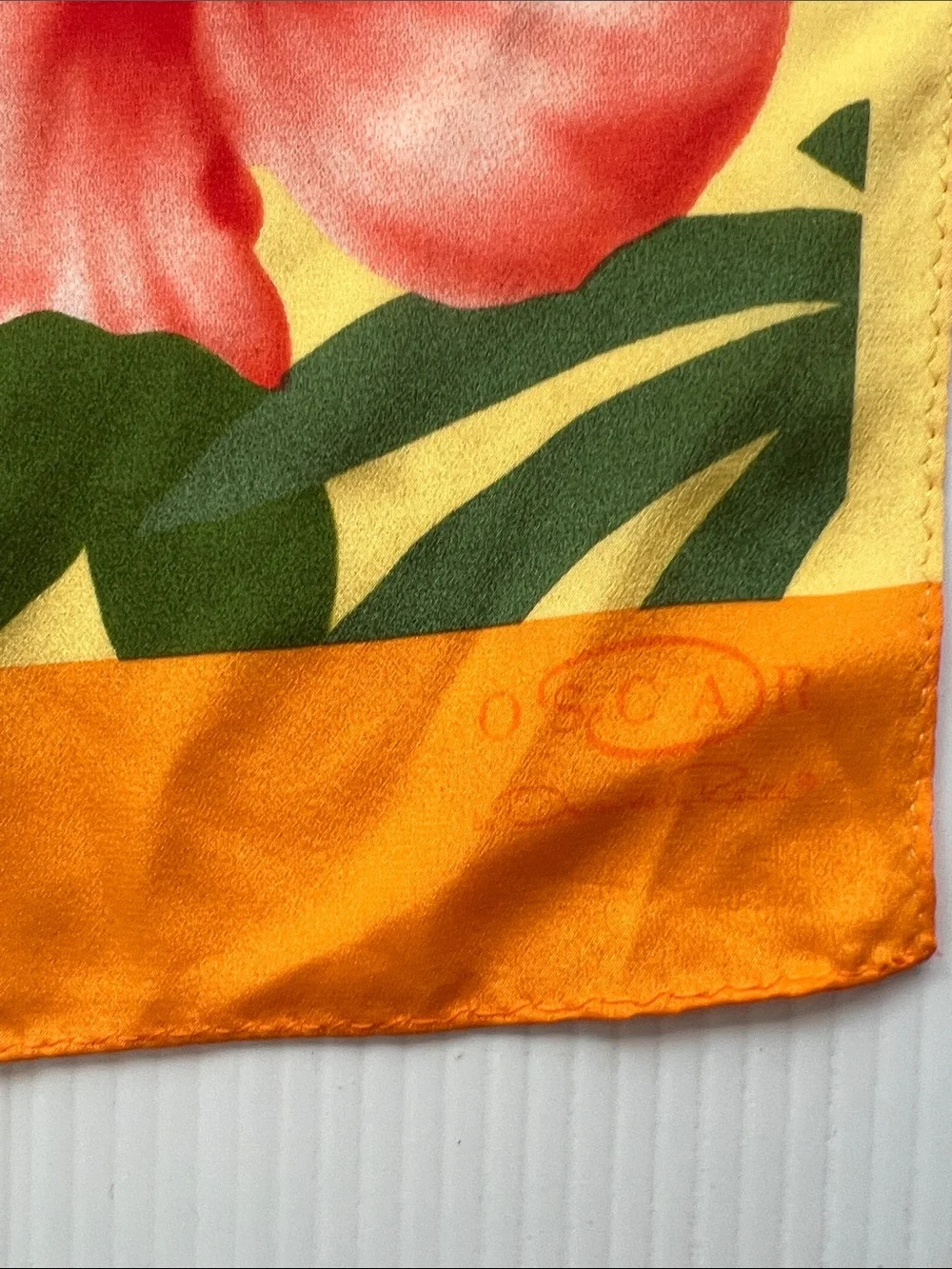 Tropical Floral Silk Scarf in Yellow, Red & Green Oscar de la Renta vintage